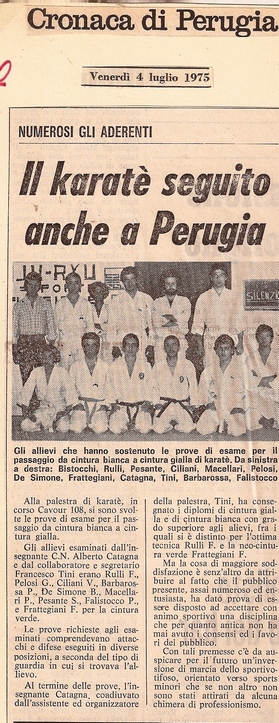 1° articolo di giornale che parlava di karate a Perugia uscito nel 1975